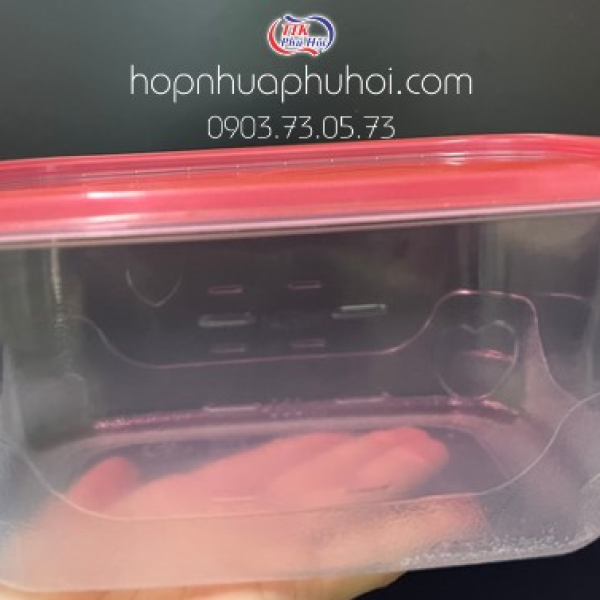 Hộp nhựa chữ nhật nắp đỏ 1900ml đựng salad trái cây